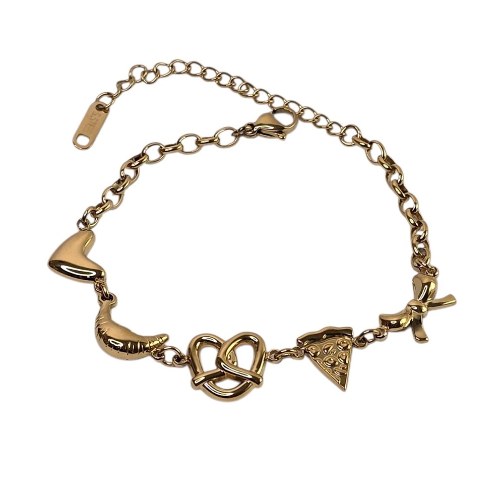 Food Charm Bracelet Croissant Pretzel Pizza Heart Adjustable 18K Gold‎  Plated